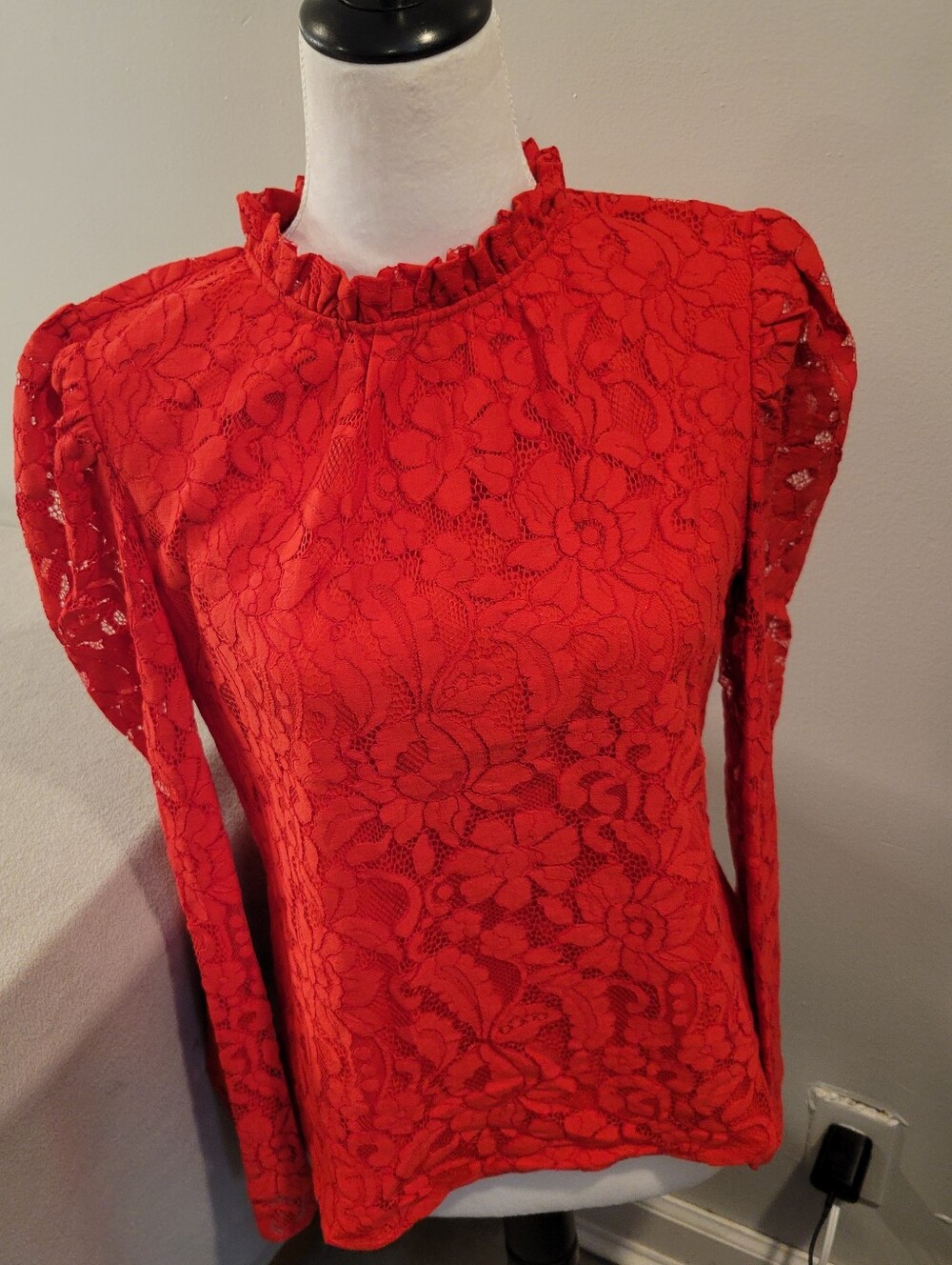 Rachel Parcell Red Puff Long Sleeves Lace Blouse Top Size M